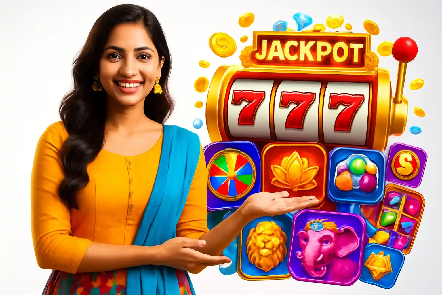 Hyperrealistic banner with Indian woman and colorful slot game collage